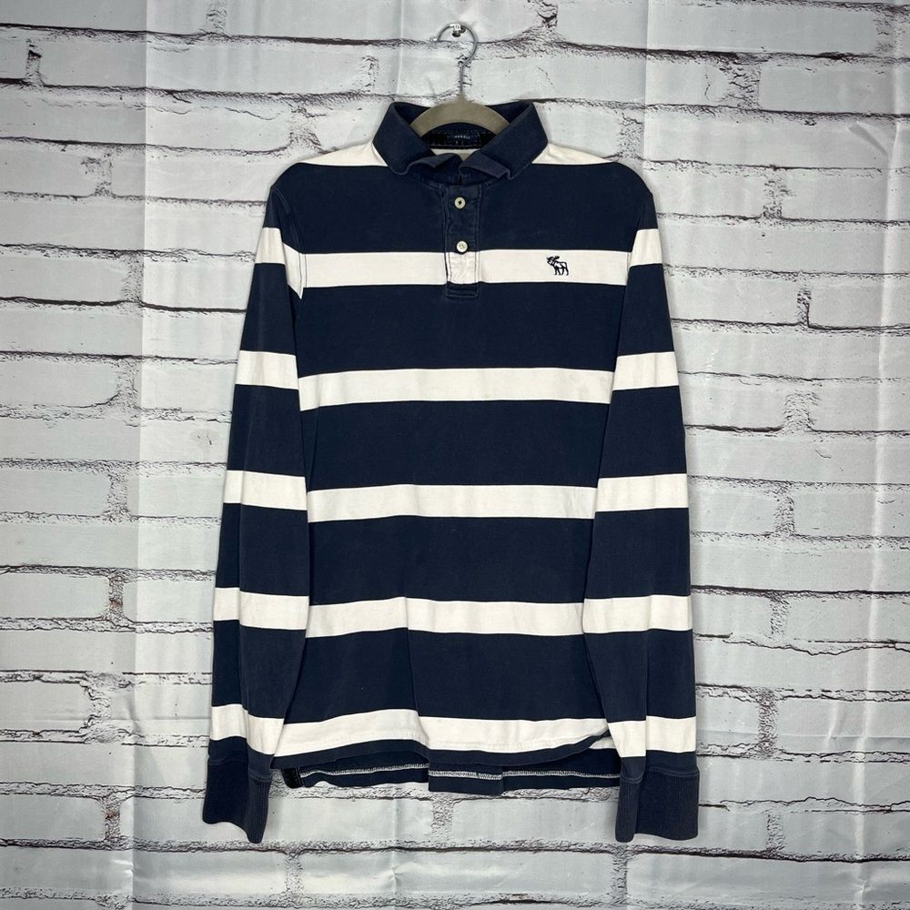 Abercrombie & Fitch Navy and White Striped Polo Muscle Shirt SZ XL Fitted Collar